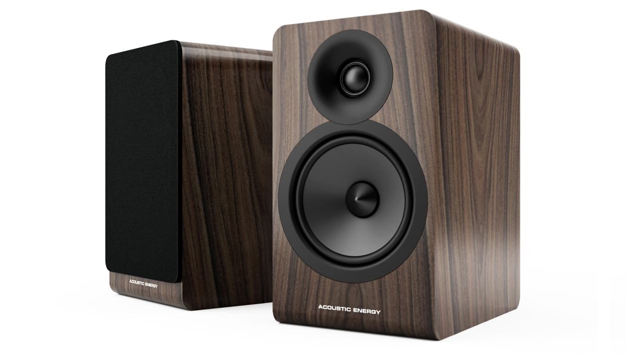 Acoustic Energy AE100 MKII Bookshelf Speakers in Walnut with grille on and off