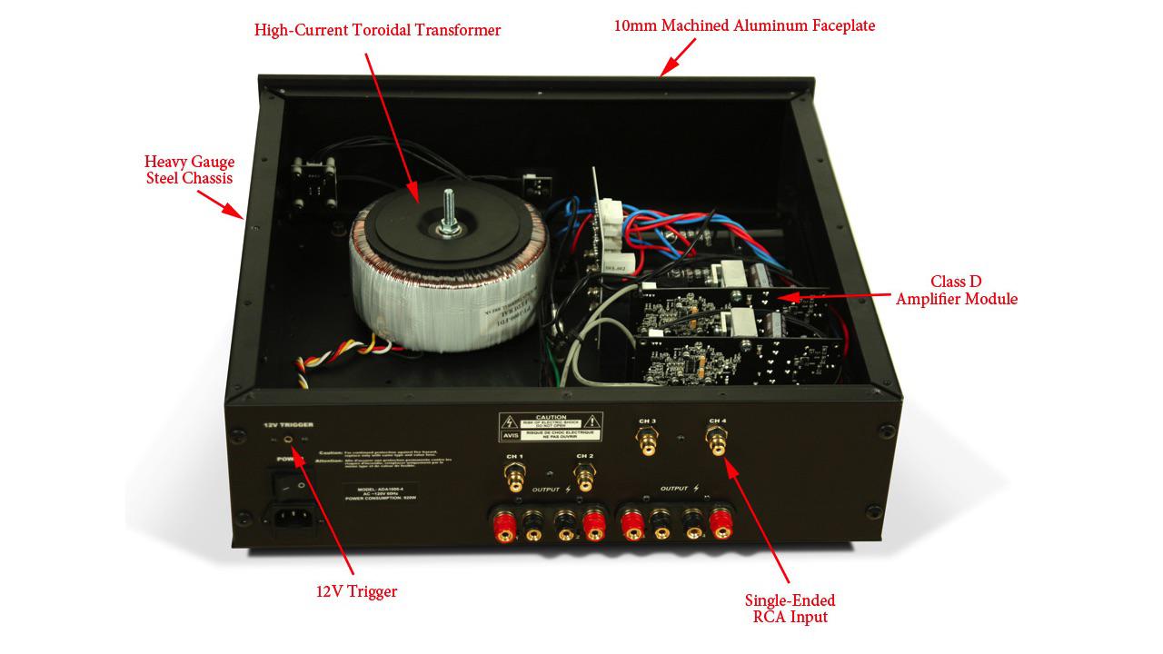 Axiom Audio ADA1000 Power Amplifier top open showing components inside