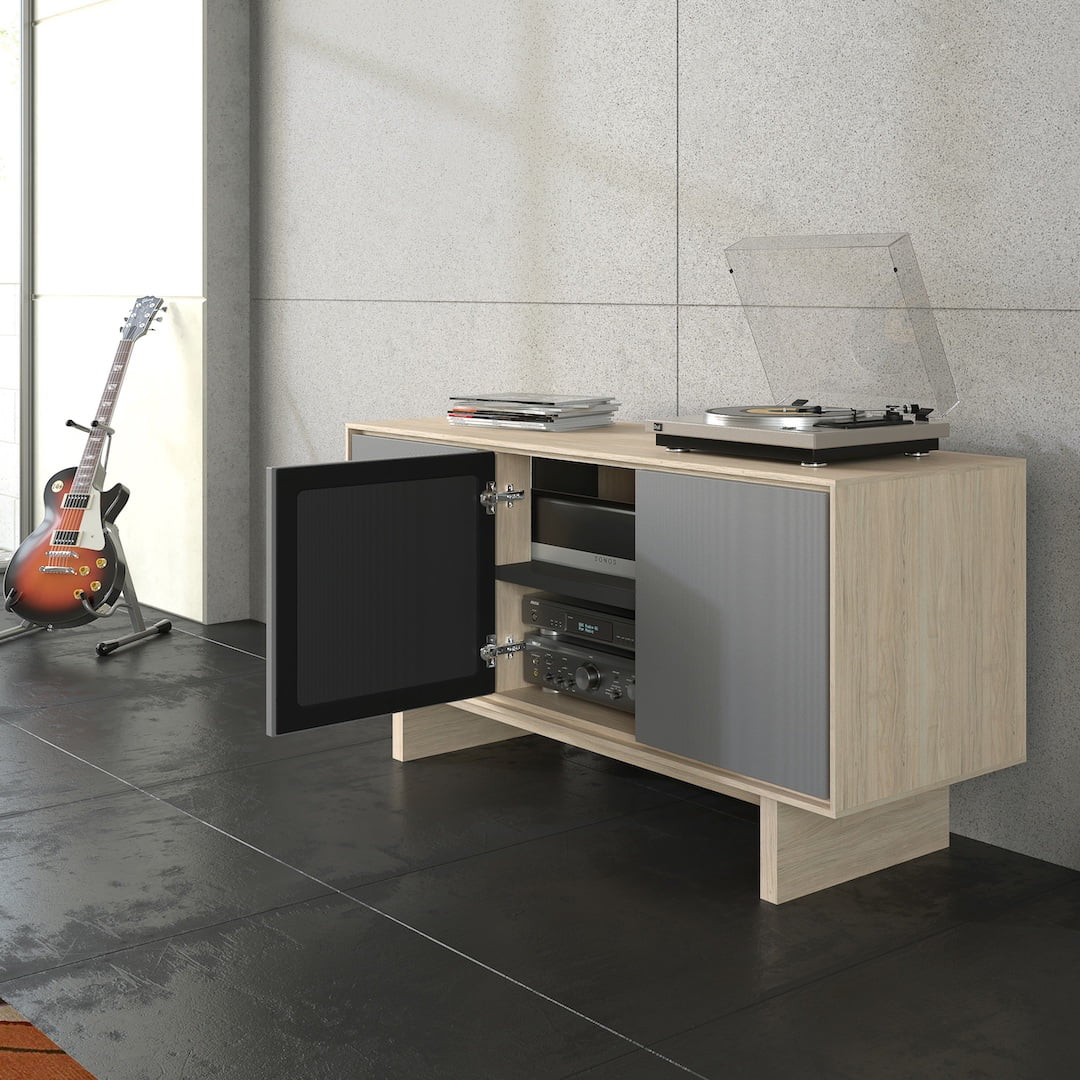 BDI Octave 8377 Media Console Drift Oak with Door Open