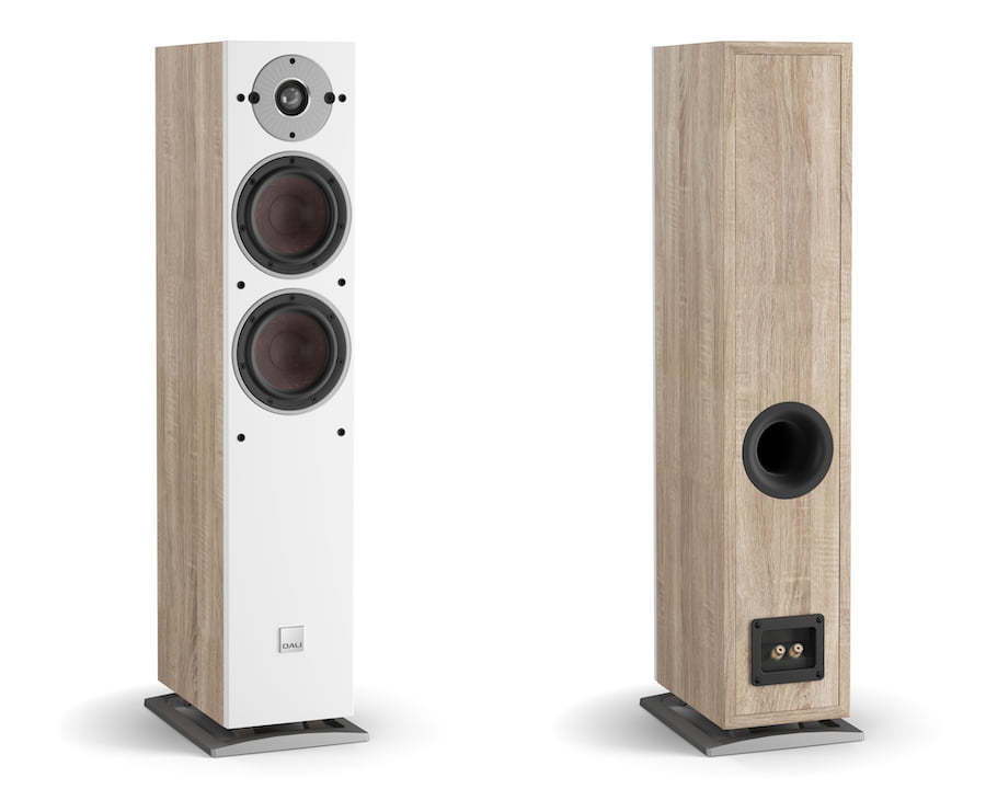 DALI Oberon 5 Floorstanding Loudspeakers Front and Back in White and Oak