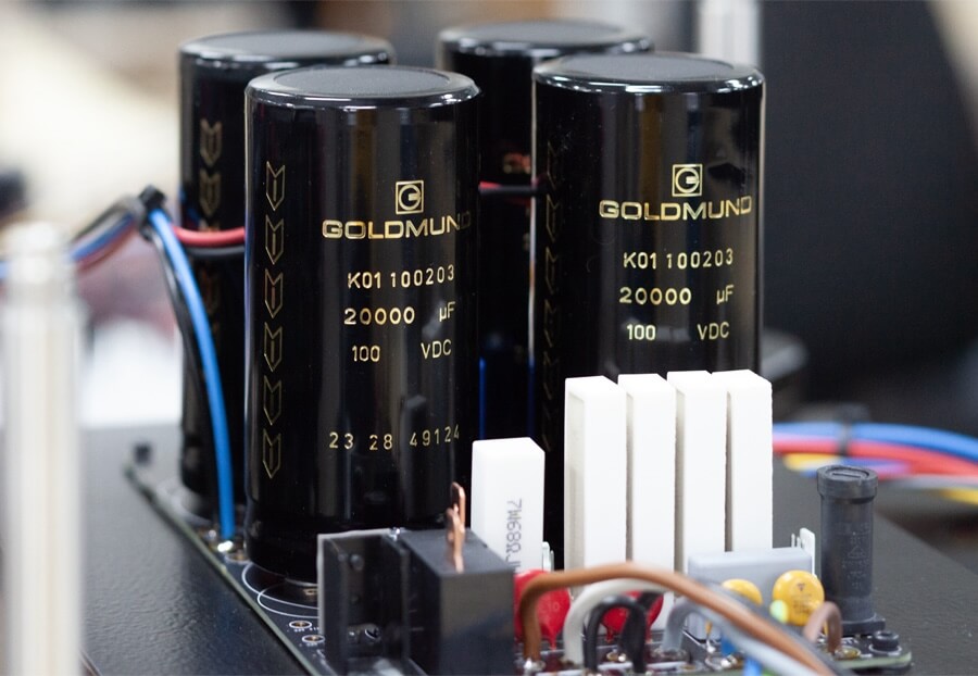 Capacitors Bank inside Goldmund Telos 800 Stereo Power Amplifier