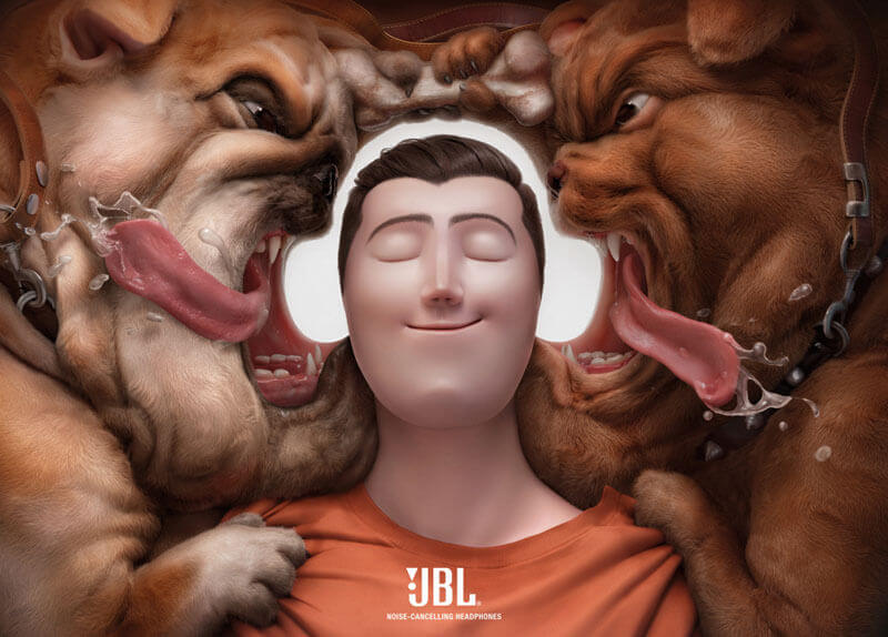 JBL advertisement for noise cancelling headphones with barking dogs