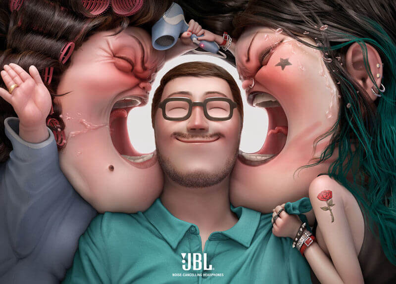 JBL advertisement for noise cancelling headphones with screaming girls