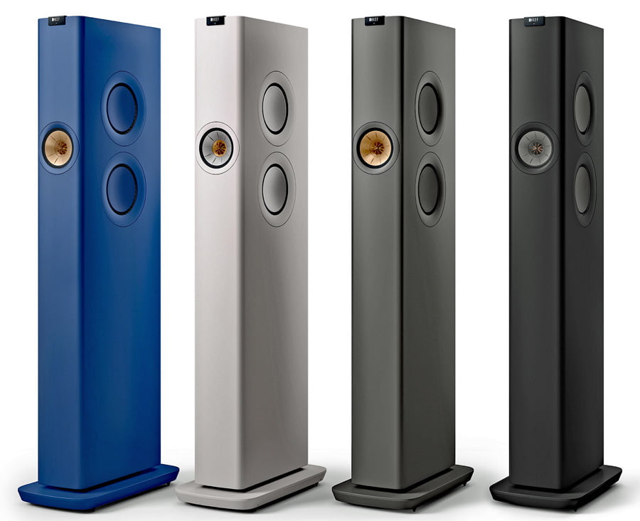 KEF LS60 Wireless Floorstanding Loudspeaker in Royal Blue, Mineral White, Titanium Grey, and Carbon Black