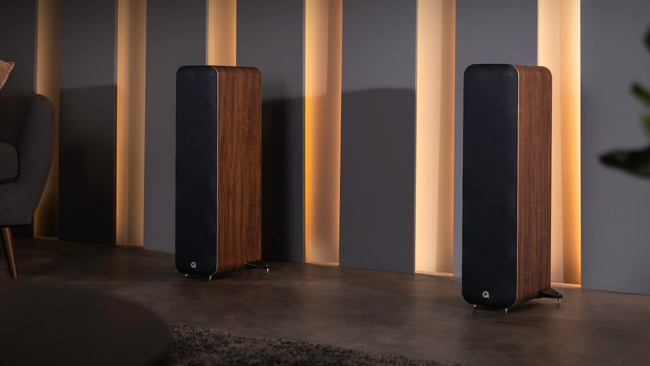 Q Acoustics M40 Micro Tower Wireless Speakers Lifestyle in Walnut