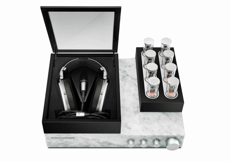 Sennheiser's HE1 electrostatic headphone system comes with a tube amp encased in Carrara marble.