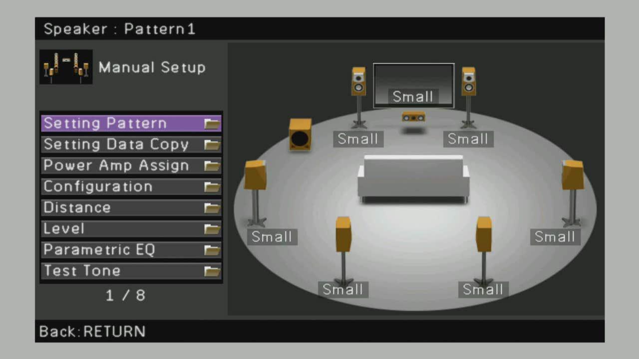 Small Speaker Setting on Yamaha RX-A1030 A/V Receiver on-screen menu