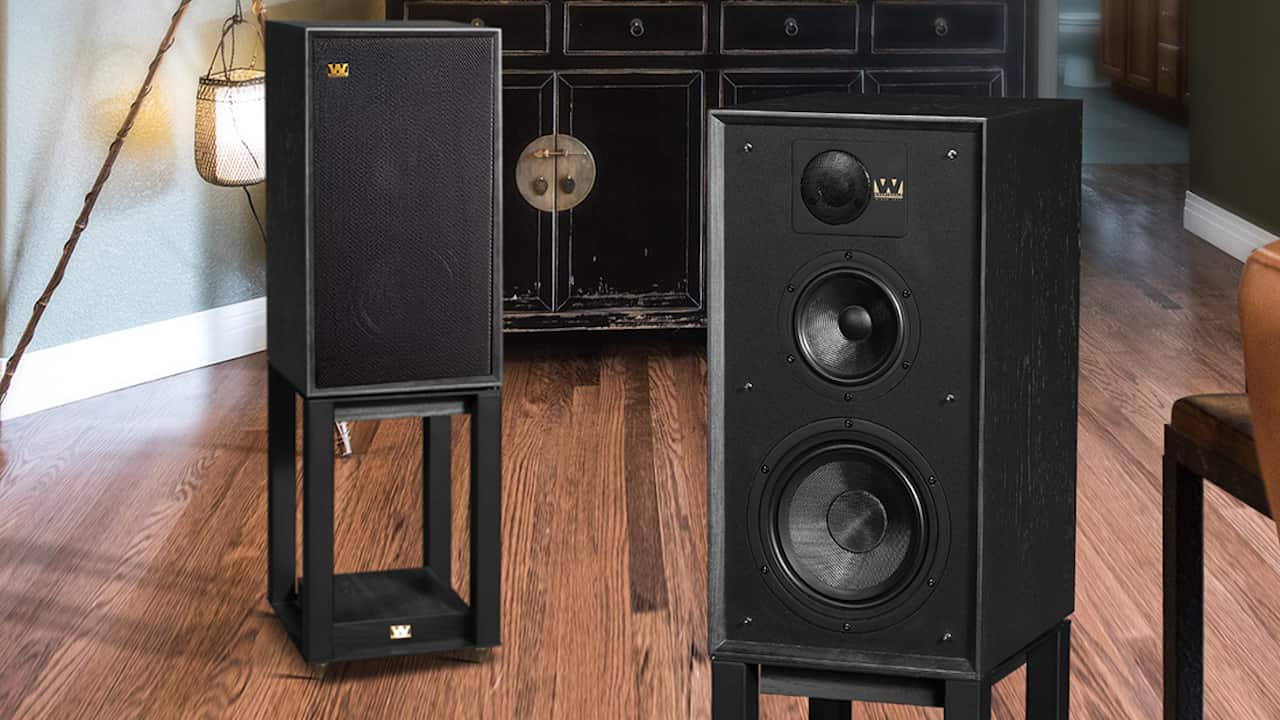 Wharfedale Linton Heritage Loudspeakers in Black on stands